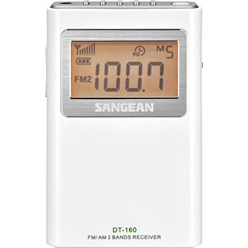 Sangean DT-160 AM/ FM 스테레오 포켓 라디오 100 작동 시간 on 2 AA 배터리, 화이트
