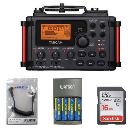 Tascam DR-60DmkII 4-Channel 휴대용 레코더 16GB 메모리 카드, 3.5mm 스테레오 케이블, 충전 4 AA Batt 번들,묶음