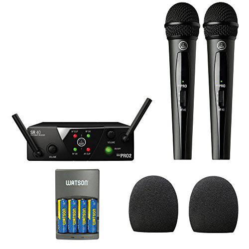 AKG WMS40 Mini Dual Vocal Set Wireless Microphone System with (2) Auray WHF-158 Foam Windscreen and Watson 4-Hour Rapid Charger