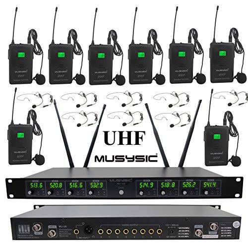 MUSYSIC MU-U8-LL 프로페셔널 8-Channels UHF 라펠 라발리에&  헤드폰, 헤드셋 무선 마이크,마이크로폰 시스템 (FCC Compliance)