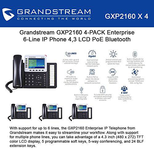 Lot of 4 Grandstream GXP2160 Enterprise 6-Line IP 폰, 4.3 LCD, PoE, 블루투스