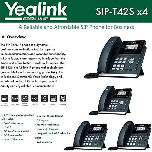 Yealink [4-Pack] T42S IP 폰, 12 라인. 2.7-Inch Graphical LCD. Dual-Port 기가비트 이더넷, 802.3af PoE, 파워 어댑터 Not 포함 (SIP-T42S-4)