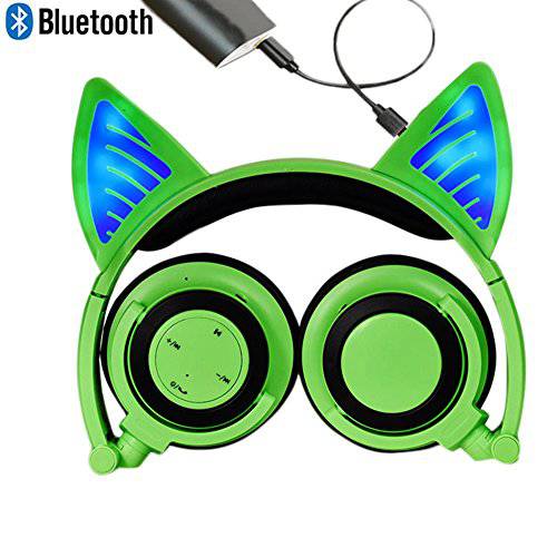 블루투스 마이크 충전가능 무선 Hearsets 고양이 이어 폴더블 조절가능 플래시 블루라이트 헤드폰,헤드셋 아이폰 7/ 11S/ 아이패드, 안드로이드 휴대용 폰, Macbook(GREEN)