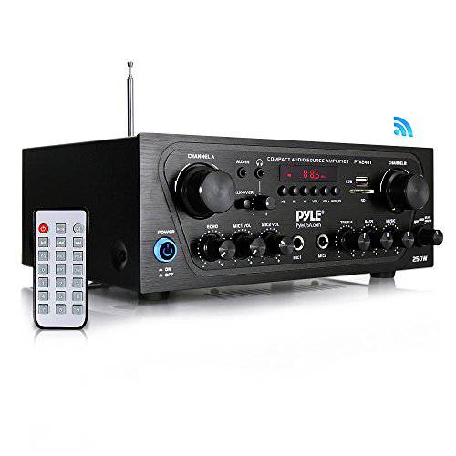 Pyle  업그레이드된 노래방 블루투스 채널 홈 오디오 사운드 파워 앰프 w/ AUX-in, USB, 2 마이크,마이크로폰 입력 w/ 에코, Talkover Pa, 블랙 (PTA24BT)