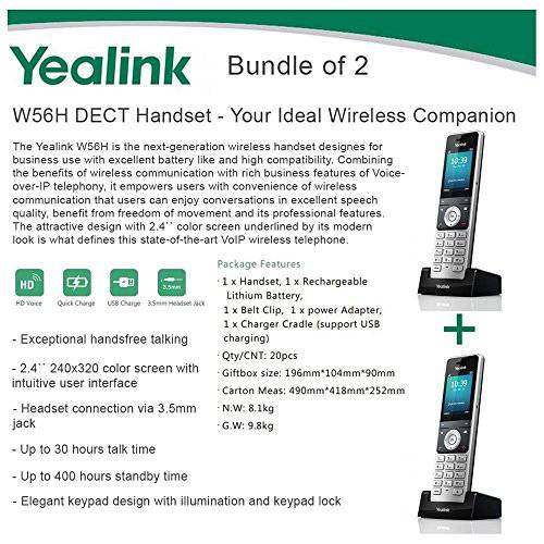 Yealink W56H 번들,묶음 of 2 IP DECT VoIP 폰 핸드셋, HD 음성, 퀵 충전