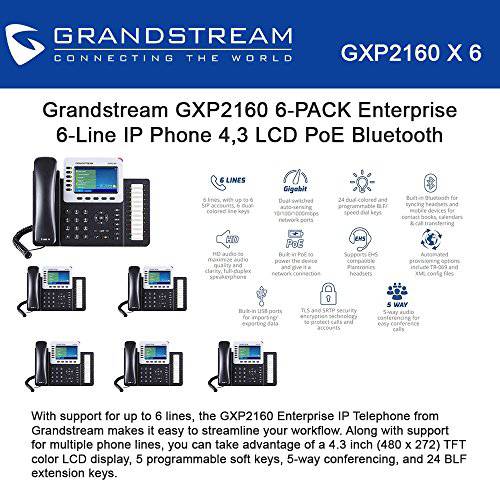 Lot of 6 Grandstream GXP2160 Enterprise 6-Line IP 폰, 4.3 LCD, PoE, 블루투스