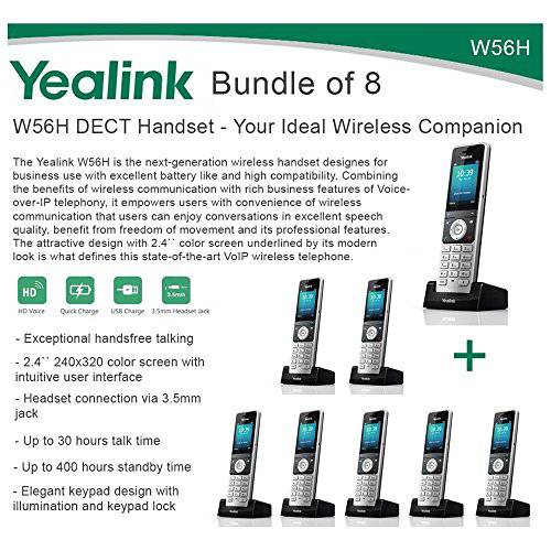 Yealink W56H 번들,묶음 of 8 IP DECT VoIP 폰 핸드셋, HD 음성, 퀵 충전
