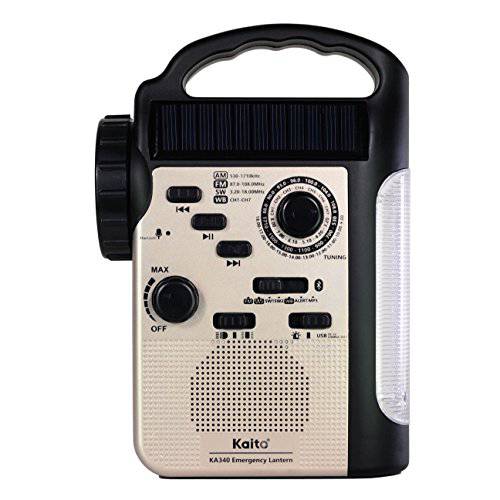 Kaito KA340 5-Way 전원 충전식 LED 캠핑 랜턴, 라이트, 조명&  응급시 AM/ FM/ SW NOAA 날씨 경보 라디오 블루투스, 플래시라이트,조명, 5V USB 휴대용 폰 충전, MP3 플레이어&  사이렌 (골드)