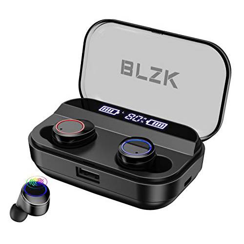 무선 이어폰, 이어버드 BLZK 최신 블루투스 5.0 트루와이어리스 블루투스 이어폰, 이어버드 베이스 3D 스테레오 사운드 무선 헤드폰,헤드셋 내장 마이크,마이크로폰 led 디지털 Shows Charging 충전 블랙 with