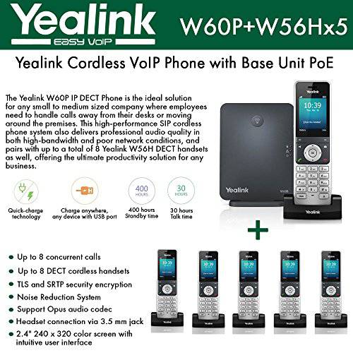 Yealink IP 폰 W60P is a 번들,묶음 of W60B 베이스 and W56H 핸드셋+ (5-UNITS) W56H 핸드셋