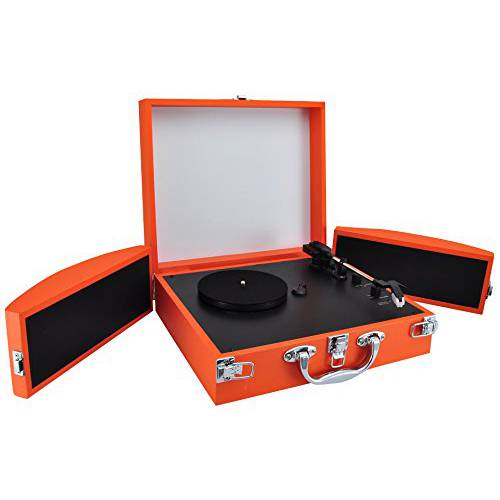 블루투스 호환가능한 서류가방 빈티지 Turntable-Retro LP레코드 플레이어 스피커 시스템 w/ 폴드 Out 스피커, 변환 비닐 to 디지털 MP3, Built-in 배터리, Phono USB, AUX RCA-brandnameeng AZPVTTBT8OR(Orange)