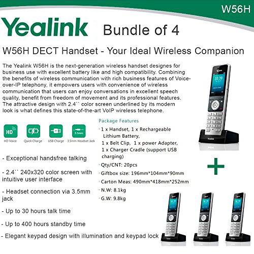 Yealink W56H 번들,묶음 of 4 IP DECT VoIP 폰 핸드셋, HD 음성, 퀵 충전