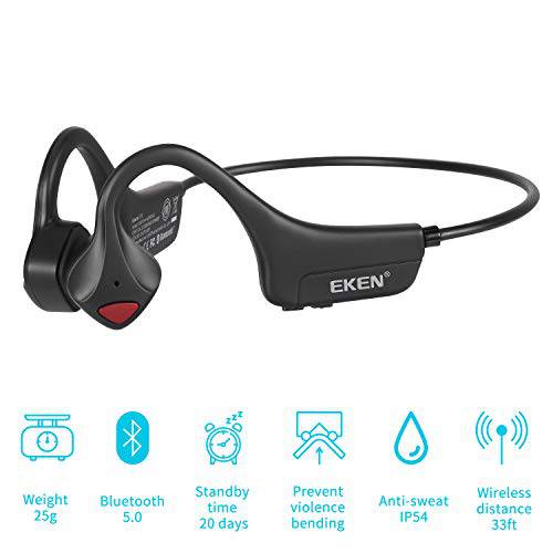EKEN  골전도 헤드폰, 헤드셋 - 블루투스 5.0 마이크, 티타늄 경량 Open-Ear 무선 스테레오 음악 땀에무너지지않는, 땀방지 응답 폰 통화 런닝 등산 운전 Bicycling - 블랙