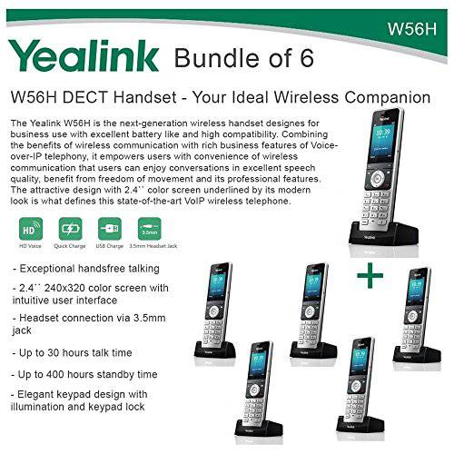 Yealink W56H 번들,묶음 of 6 IP DECT VoIP 폰 핸드셋, HD 음성, 퀵 충전