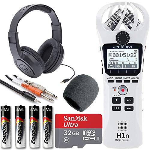 Zoom H1n 핸디 레코더+ on 무대 바람막이+ SanDisk 울트라 32GB 카드+  케이블+ Samson 헤드폰, 헤드셋+  에너자이저 AAA 배터리 (화이트)
