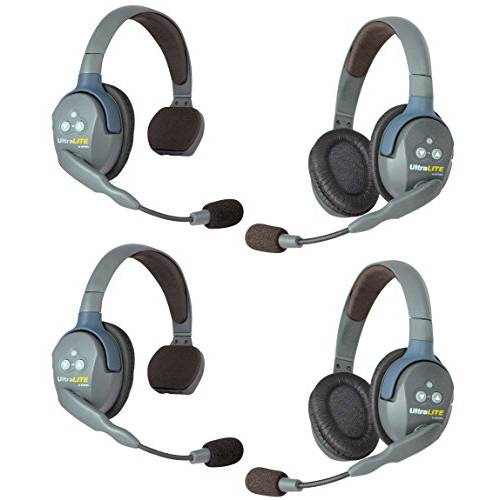 Eartec UL422 UltraLITE 풀 듀플렉스 무선 Intercom 2 Way 커뮤니케이션 시스템 - 1 ULSM Single-Ear 마스터 헤드폰,헤드셋, 1 ULSR 싱글 이어 원격 헤드폰,헤드셋 and 2-Pack of ULDR Dual-Ear 원격 헤드셋
