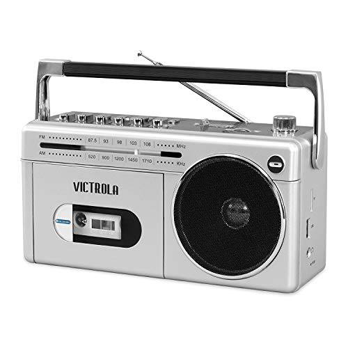 Victrola VBB-25-SLV 미니 블루투스 붐박스 카세트 플레이어, 레코더 and AM/ FM 라디오, 실버