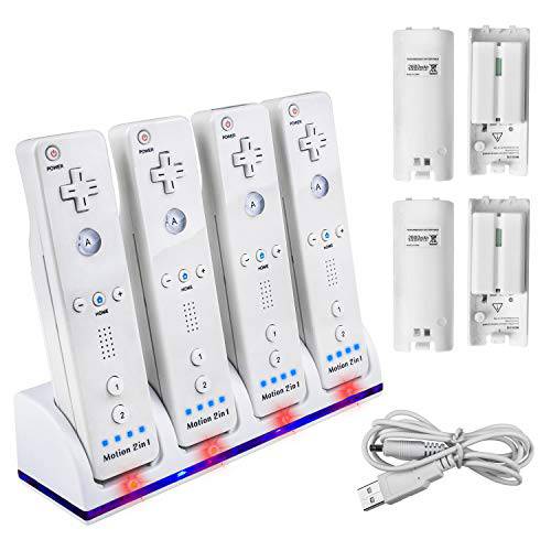 4 Wii 컨트롤러 배터리 충전 도크 Wii 컨트롤러, TechKen  리모컨, 원격 충전 탈부착 스테이션 4 충전식 배터리 호환가능한 닌텐도 Wii 리모컨, 원격