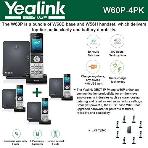 Yealink IP 폰 W60P (4-UNITS) is a 번들,묶음 of W60B 베이스 and W56H 핸드셋, 8 S IP 계정