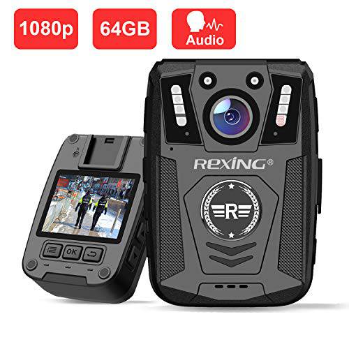 Rexing P1 바디 착용 카메라, 2” 디스플레이 1080p 풀 HD, 64G 메모리, LP레코드 비디오,  오디오& Pictures, 적외선 나이트 비전, Police 응급시 모드, 3000 mAh 배터리, 10HR 배터리 Life, 방수, 충격방지
