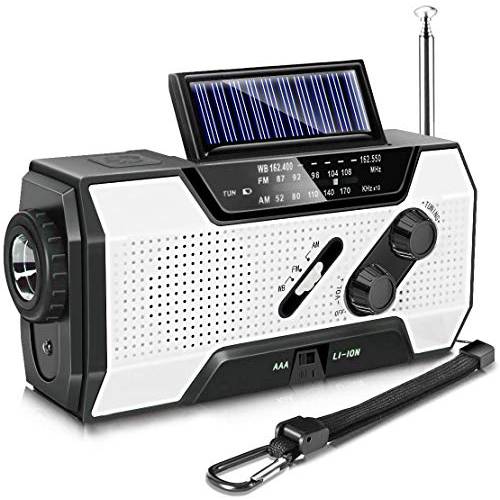 응급시 라디오, 태양광 핸드 크랭크 AM/ FM/ NOAA 날씨 라디오 가정용 and 아웃도어 응급시, LED 플래시라이트,조명, 독서 램프, 2000mAh 보조배터리, 파워뱅크 USB 충전 and SOS 알람 화이트