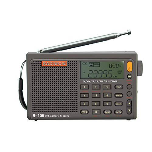 RADIWOW R-108 AM FM 단파 라디오, LW MW 에어 밴드 DSP 풀 밴드 휴대용 라디오 배터리 작동 슬립 타이머 알람 시계 500 Memories 프리셋 스테이션 A 선물 패밀리