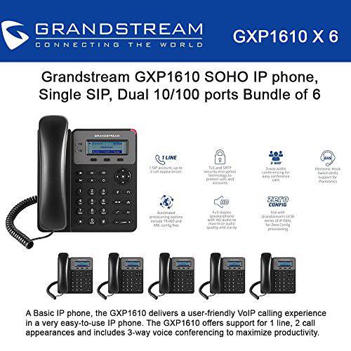 Grandstream GXP1610, SOHO IP 폰, 1 SIP acct., 3-way conf., 번들,묶음 of 6