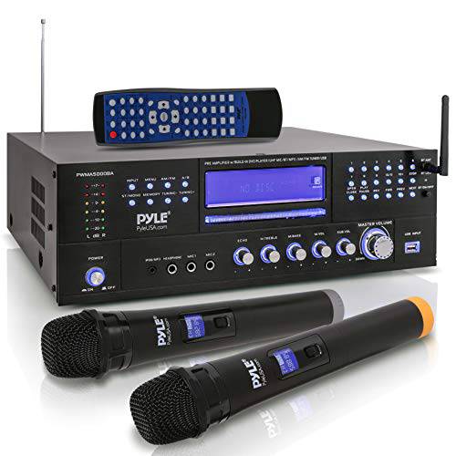 4-Channel 노래방 홈 무선 마이크,마이크로폰 앰프 - 오디오 스테레오 리시버 시스템, Built-in CD DVD 플레이어, 듀얼 UHF 무선 마이크/ MP3/ USB 리더, 리더기, AM/ FM 라디오 - Pyle PWMA5000BA