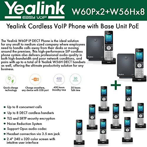 Yealink IP 폰 W60P (2-UNITS) is a 번들,묶음 of W60B 베이스 and W56H 핸드셋+ (8-UNITS) W56H 핸드셋.