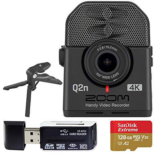 Zoom Q2n-4K 울트라 하이 해상도 핸디 비디오 레코더+ 128GB 메모리 카드 SD 어댑터+ USB 카드 리더, 리더기+  테이블 삼각대 핸드 그립
