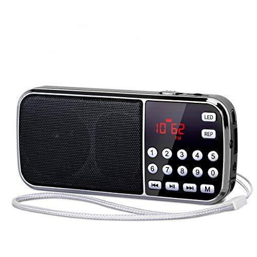 PRUNUS J-189 휴대용 라디오 AM FM 스몰 블루투스 라디오 - 듀얼 스피커 헤비 베이스, LED 플래시라이트,조명, 포켓 사이즈, TF 카드 USB AUX MP3 플레이어, 충전식 배터리 Operated(Black)