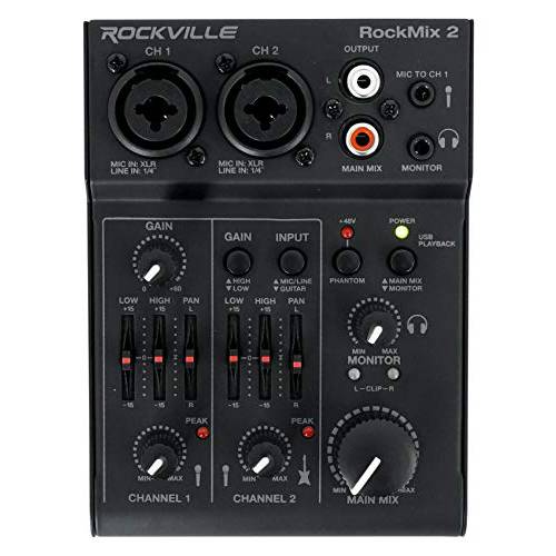 Rockville RockMix 2 채널 마이크/ 악기 프로 레코딩 믹서,휘핑기+ USB 인터페이스/ EQ