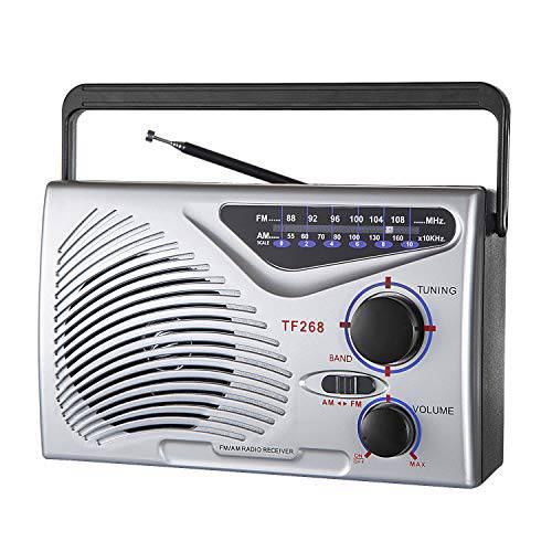 TF-268R 라디오, DC-5V/ 1A 파워 in USB or 배터리 작동/ 충전식 배터리 1200MA, 휴대용 FM/ AM 라디오 컴팩트 사이즈 23.5x15cm, Black(Without 벽면 DC 플러그)