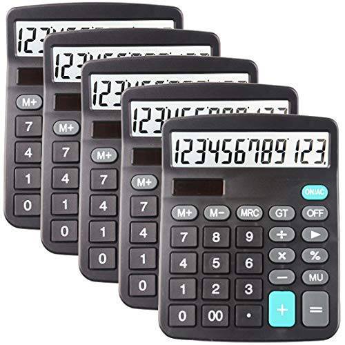 5 팩 계산기 라지 디스플레이 데스크, 태양광 계산기, 베이직 12 숫자 큰 버튼 오피스 Calculator(Black)(AA 배터리 포함)