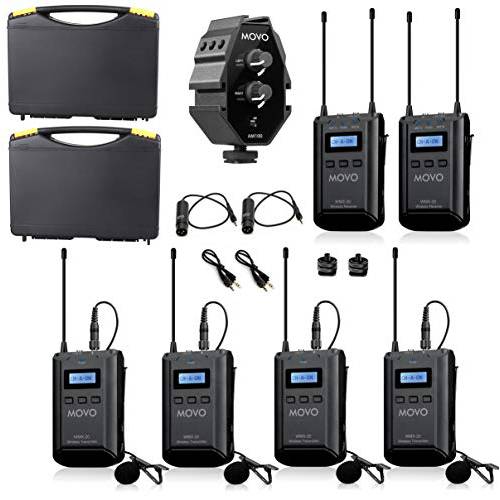 Movo WMX-20-QUATRO 48-Channel UHF 무선 라발리에 마이크,마이크로폰 시스템 번들,묶음 2-Ch 믹서,휘핑기, 2 리시버, 4 송신기, and 4 라펠 마이크 호환가능한 DSLR 카메라 (330’ ft 오디오 레인지