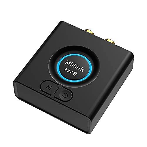 MiiLink 블루투스 5.0 리시버, 무선 블루투스 오디오 어댑터 자동차/ 홈 음악 스트리밍 사운드 시스템 베이스 모드, 지원 로우 레이턴시 3.5 mm RCA, 12hrs 플레이 타임