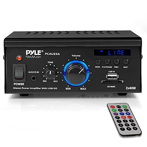 홈 오디오 파워 앰프 시스템 - 2x40W 듀얼 채널 미니 시어터 파워 스테레오 사운드 리시버 박스 w/ USB, RCA, Aux, LED, 리모컨, 12V 어댑터 - 스피커, 아이폰, 스튜디오 사용 - Pyle PCAU25A