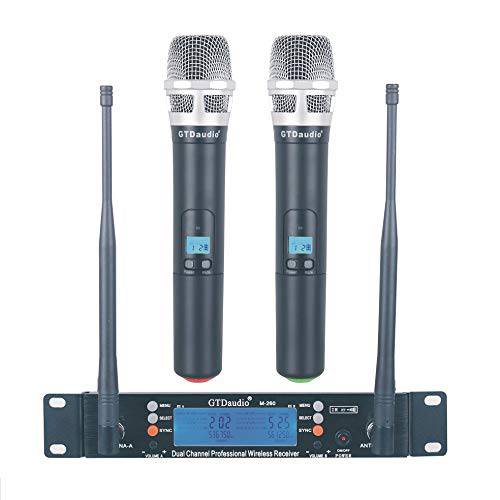 GTD 오디오 2x100 조절가능 프리퀀시 채널 UHF 무선 마이크,마이크로폰 DJ 노래방 마이크 시스템 롱 레인지 400Ft, 배터리 12 시간 (2 소형,휴대용 마이크)