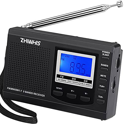 휴대용 라디오, ZHIWHIS AM FM 단파 라디오 Best 리셉션, 배터리 작동 시계 라디오 프리셋 기능, 알람 시계 디지털 튜너 슬립 타이머