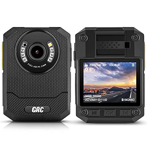 GRC 1440P 바디 착용 카메라, 64G 메모리 Police 바디 카메라 오디오 레코딩 웨어러블, 적외선 나이트 비전 바디 캠 2 인치 디스플레이, 3000mAh 10HR 배터리 Life, Ambarella H22 칩, 세큐리티 가드