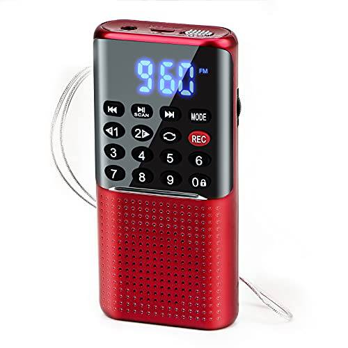 PANASEN 미니 FM 라디오 휴대용 스피커 Mp3 워크맨 레코더 지원 마이크로 SD/ TF Aux 입력 레코딩 자동 스캐닝 and 보존 LED 디스플레이 잠금 키 충전 BL-5C Battery（Red）