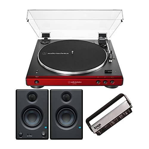 Audio-Technica AT-LP60X 블루투스 턴테이블 (레드) 번들,묶음 PreSonus 에리스 E3.5 블루투스 모니터 and Knox 기어 클리닝 브러쉬 (3 아이템)