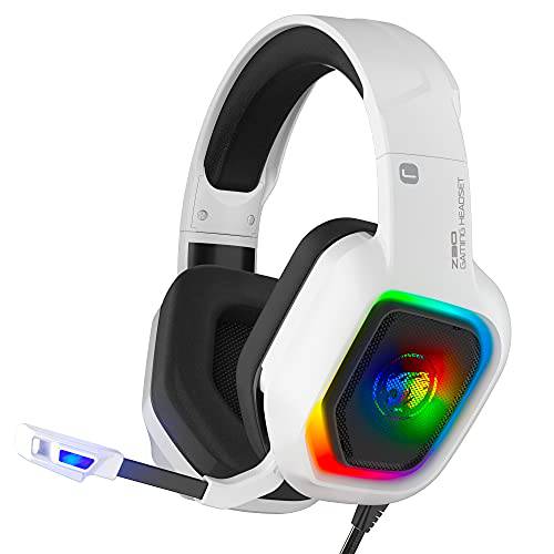 ZIUMIER Z30 화이트 게이밍 헤드셋 PS4, PS5, 엑스박스 원, PC, 유선 Over-Ear 헤드폰 소음 Isolation 마이크,마이크로폰, RGB Flowing LED 라이트, 베이스 써라운드 사운드
