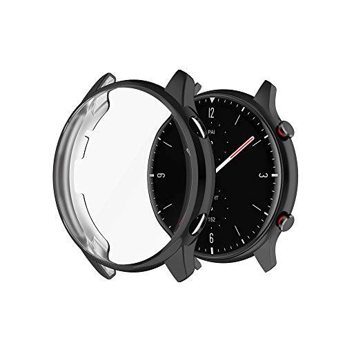 FitTurn 화면보호필름, 액정보호필름 케이스 호환가능한  어메이즈핏 GTR 2&  어메이즈핏 GTR 2e TPU 슬림 케이스 커버 [도금 메탈 컬러 프레임] [3D 풀 커버리지] 쉘 보호  어메이즈핏 GTR 2 Watch(Black)