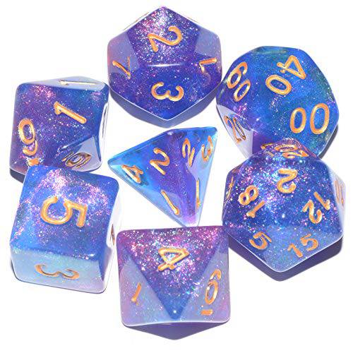 갤럭시 DND 주사위 7Pieces, 글리터, 빤짝이 Sparkle Cosmic 퍼플 블루 혼합 Polyhedral DND 주사위 RPG MTG 테이블 게임 주사위