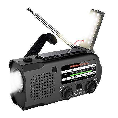 Lukasa 5000mAh 비상 핸드 크랭크 휴대용 AM/ FM/ NOAA 날씨 라디오, 충전식 태양광 라디오 LED 플래시라이트,조명, 폰 충전기, 독서 램프, SOS Alarm(Black)