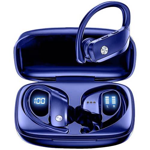 New PPANGMKY 무선 이어폰, 이어버드 블루투스 5.0 헤드폰,헤드셋 48Hrs 플레이 후면 스포츠 이어폰 LED 디스플레이 빌트인 마이크 딥 베이스 스테레오 인이어 방수 헤드셋 운동 런닝 Gaming-Blue