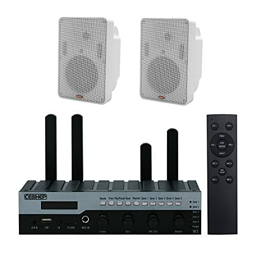 2PCS Wall-Mount 스피커 1053W-WE APE 디지털 인텔리전트 송신기 무선 시스템 상업용 홈 음악 노래방, USB/ TF 카드, 블루투스 연결 (화이트, 판매 as 1+ 2)