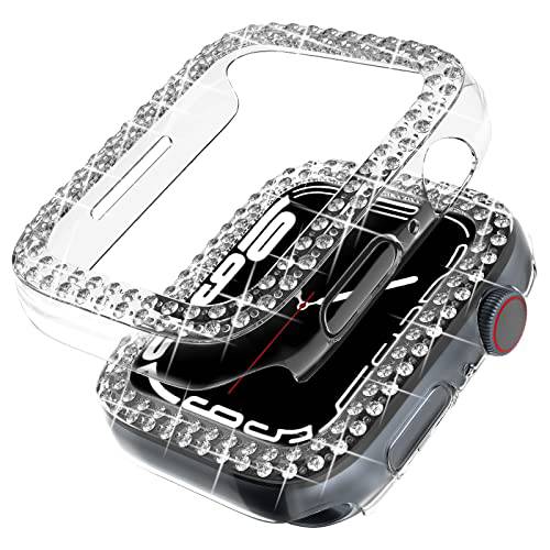 Beuxece [2 팩] Bling 케이스 애플 워치 시리즈 7 41mm 45mm, 모조다이아몬드 다이아몬드 커버 애플워치 7,  여성용 걸스, 하드 PC 보호 범퍼 Accessories(45mm, 크리스탈 클리어+ 크리스탈 클리어)