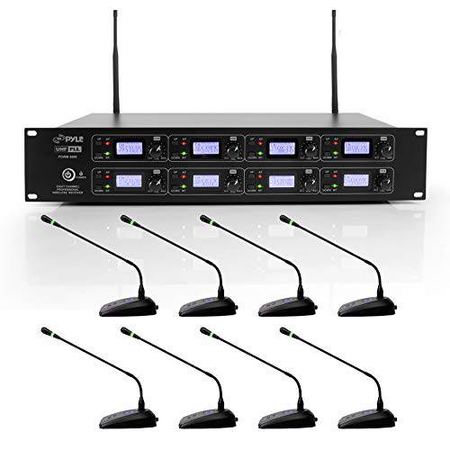 8 채널 회의 마이크,마이크로폰 시스템 - UHF 데스크탑, 테이블 미팅 무선 마이크&  리시버 w/ 8 구즈넥 마이크, 랙 장착가능& LED 오디오 신호 인디케이터 라이트 - Pyle PDWM8880